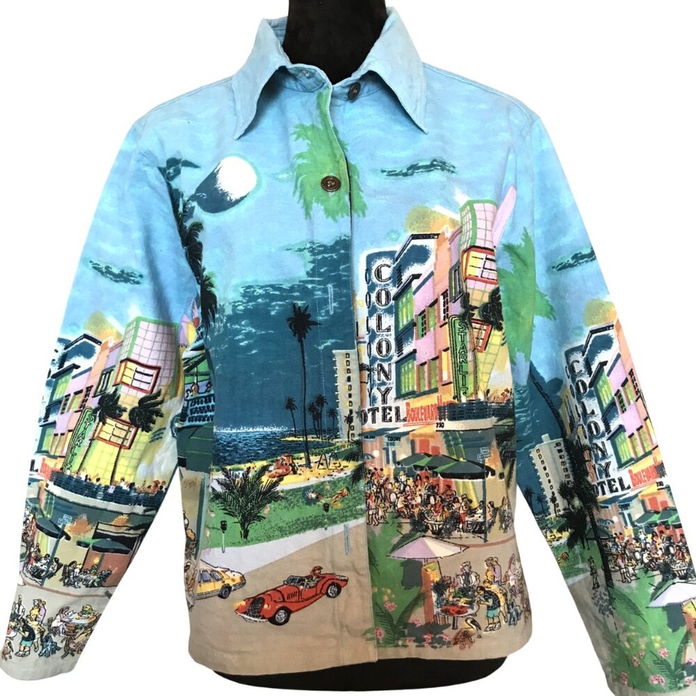 Take Two City Seascape Button-Up Shirt, Metal Buttons Side Slits Colorful Size L